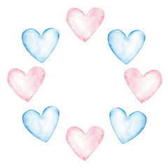 Gender reveal celebration with pink and blue heart wreath design. Template for baby shower, baptism, boy or girl party. Watercolor illustration. Copy space. Hand drawn. Isolated. For invitation, card