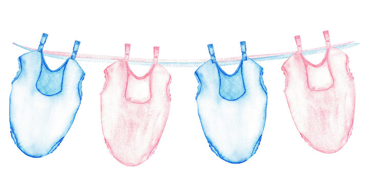 Blue and pink baby bodysuits hanging on line for gender reveal party decoration. Watercolor illustration for baby shower, baptism, boy or girl party. Copy space. Hand drawn. For card, banner