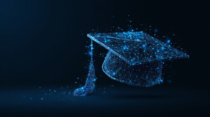 A digital rendering of an academic graduation cap composed of glowing blue particles, against a dark background, representing knowledge and learning