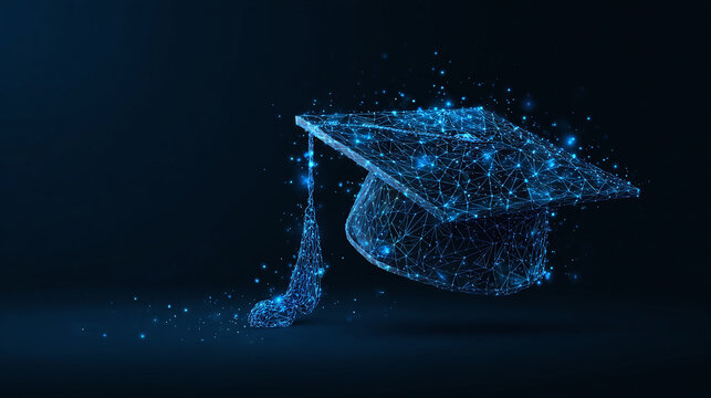 A digital rendering of an academic graduation cap composed of glowing blue particles, against a dark background, representing knowledge and learning