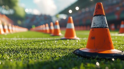 Orange safety cones on a sports field preparation for a game backdrop