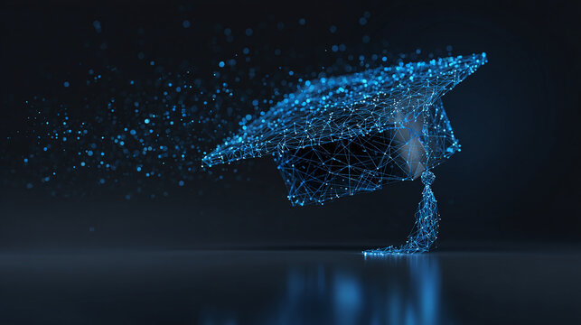 A digital representation of a graduation cap with glowing particles floating around it, symbolizing academic achievement and knowledge - Powered by Adobe