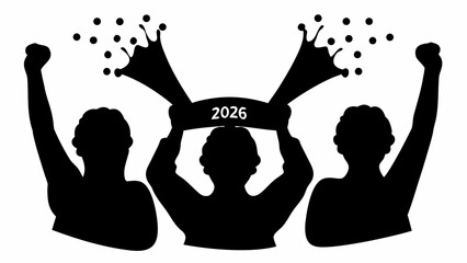 Excited crowd celebrating future success holding banner with year 2026 and confetti showering down