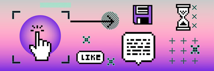 Social media-related icons, pixel art retro computer elements, geometric shapes, and playful digital symbols on a pink to purple gradient background. Vector illustration in vaporwave y2k style.