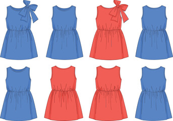 Cartoon dresses, sleeveless fashion, red and blue outfits, girls clothing, cute design, flat lay, children’s apparel, vector illustration, playful style, editable elements