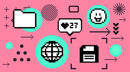 Vector illustration in vaporwave 8-bit pixel art style in black, white, pink, and aqua colors. Collage of retro computer icons and web elements, simple geometric shapes.