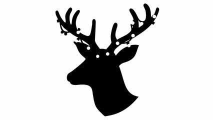 Elegant black silhouette of a deer head adorned with festive Christmas lights, perfect for seasonal celebrations and winter themes.