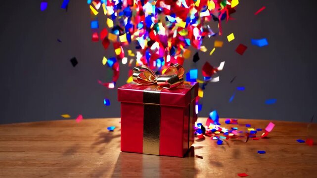 A red gift box decorated with gold ribbons and confetti, a festive wooden table with colorful decorations, and a cheerful mood for a holiday birthday and Christmas present