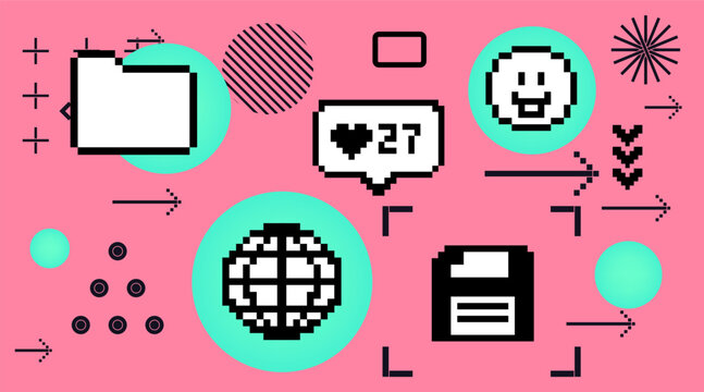 Vector illustration in vaporwave 8-bit pixel art style in black, white, pink, and aqua colors. Collage of retro computer icons and web elements, simple geometric shapes.