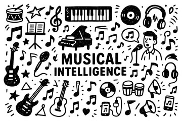Musical intelligence doodle composition with instruments, melody, and rhythm icons, Transparent Background