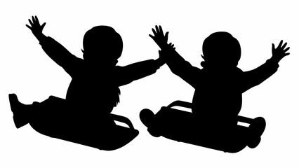 Joyful children soaring down snowy hills on sleds, arms raised in exhilaration, capturing winter's pure delight and outdoor adventure.