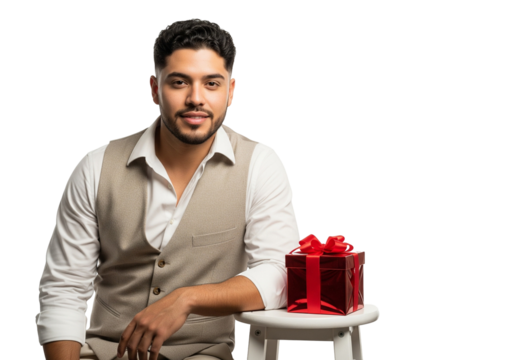 Man Sitting with Red Gift Box on White Background