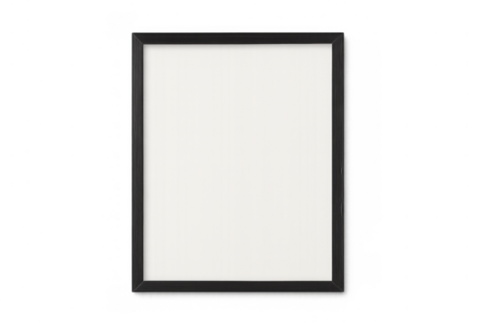 Black modern picture frame with blank white canvas on transparent background, presenting artwork ideas