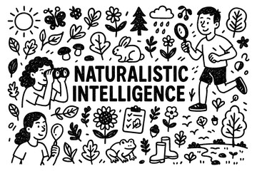 Naklejka premium Naturalistic intelligence doodle composition with nature, animals, and exploration icons, Transparent Background