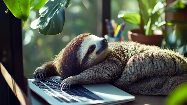Relaxed Sloth on Laptop: A Symbol of Leisure, Downtime and Digital Life Simplicity