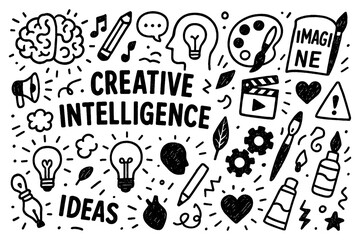 Creative intelligence doodle composition with art, design, and imagination icons, Transparent Background