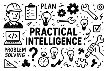 Practical intelligence doodle composition with tools, planning, and problem solving icons, Transparent Background