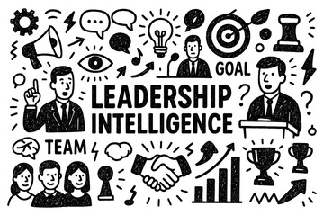 Leadership intelligence doodle composition with vision, teamwork, and strategy icons, Transparent Background
