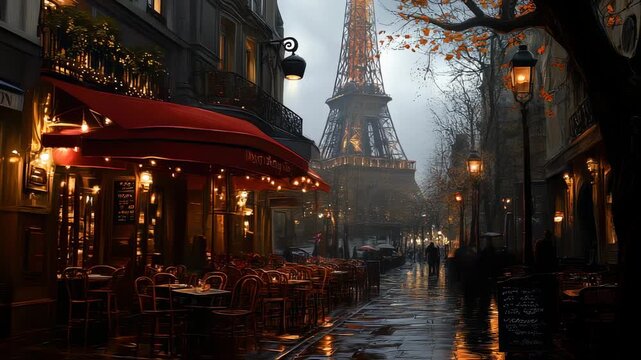 Romantic Paris Cafe Scene on a Rainy Evening with Eiffel Tower in Background
