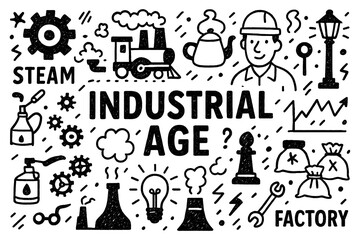 Industrial age doodle composition with factory, workers, and machinery icons, Transparent Background