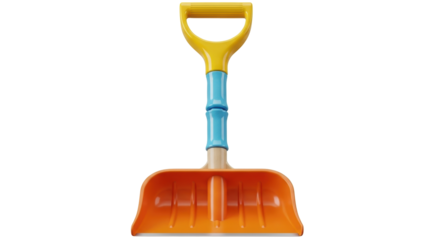 Isolated orange and yellow toy shovel for kids, children's play tool made of plastic