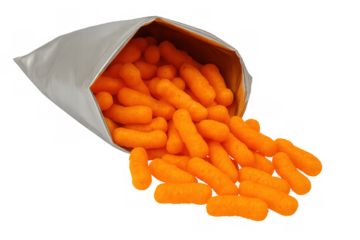 Savory orange cheese puffs cascading out of a torn bag, symbolizing snacking, treats, and indulgence against a clear backdrop