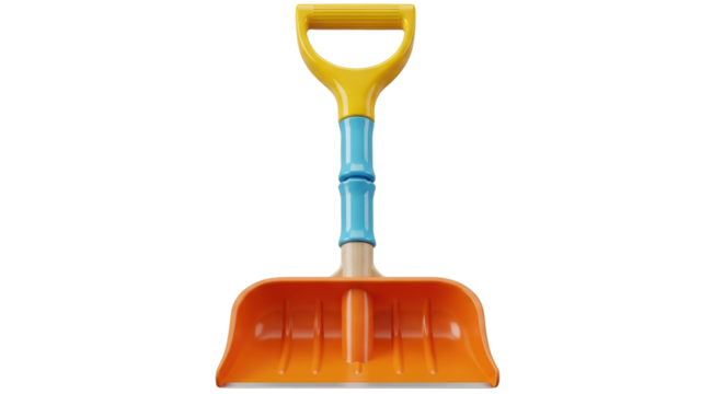 Isolated orange and yellow toy shovel for kids, children's play tool made of plastic