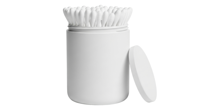 Isolated container of cotton swabs with lid resting next to it, personal care and hygiene
