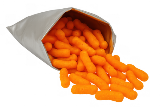 Savory orange cheese puffs cascading out of a torn bag, symbolizing snacking, treats, and indulgence against a clear backdrop