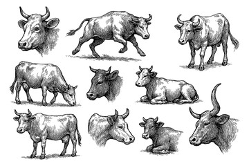 Cow and calf sketches in detailed vintage engraving style, Transparent Background © FriskySloths