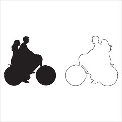 Couple riding bicycle silhouette and outline graphic vector
