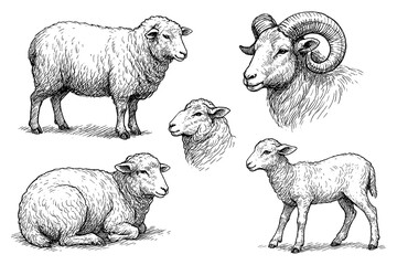 Sheep and lamb sketches in detailed vintage engraving style, Transparent Background