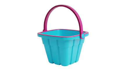 Isolated cyan plastic beach bucket with a pink handle on a neutral background, summer toy