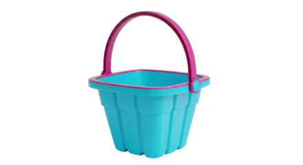 Isolated cyan plastic beach bucket with a pink handle on a neutral background, summer toy