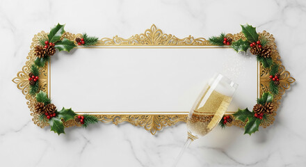 Gold frame adorned with holly, pine cone, and red berry, a glass of champagne, on marble surface, celebrating and commemorating Christmas festivity