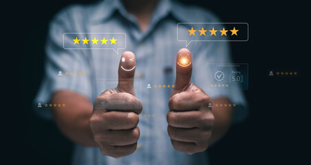 Customer satisfaction and positive feedback concept. Two hands showing thumbs up with glowing smile icons and five-star ratings. User experience and business success through client approval.