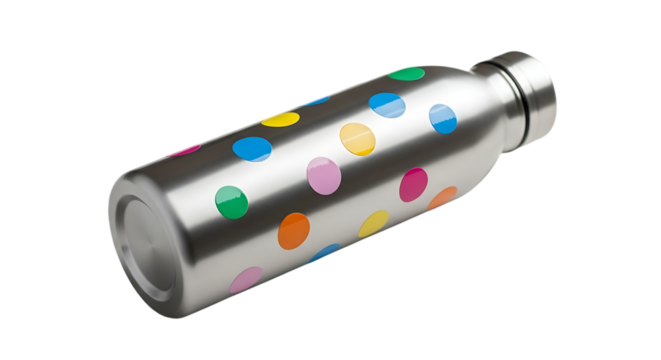 Shiny metal water bottle with colorful polka dots on a black background