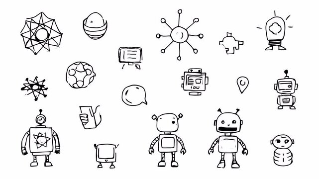 Hand-drawn doodle animation of robots and AI symbols, black line sketches with alpha channel on transparent background.