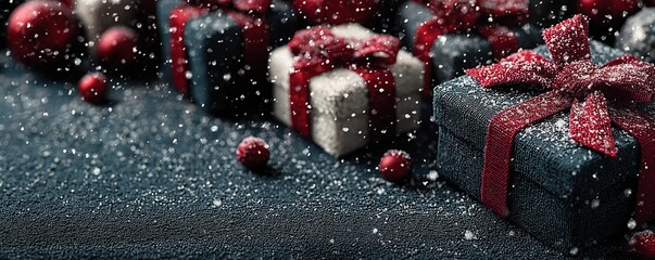 Christmas Gifts with Red Ribbons and Snowflakes on a Dark Background