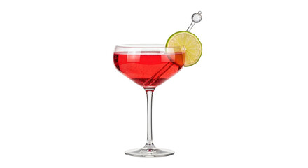Isolated red cocktail in glass with lime slice and cocktail stick on the rim refreshment