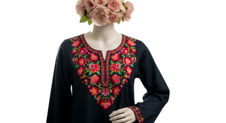 Elegant black dress with vibrant floral embroidery on the neckline and sleeves displayed on a mannequin