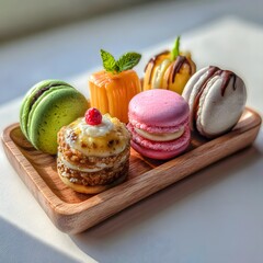 Assorted Colorful French Macarons and Mini Pastries on Wooden Serving Tray