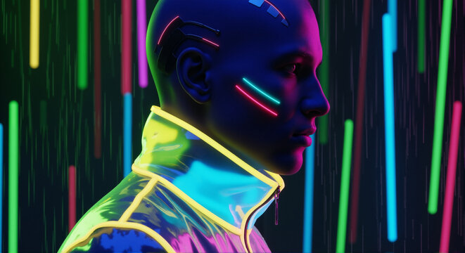 A futuristic cyberpunk character with glowing cybernetic implants. Profile of an android in a neon-lit environment. Artificial intelligence concept.