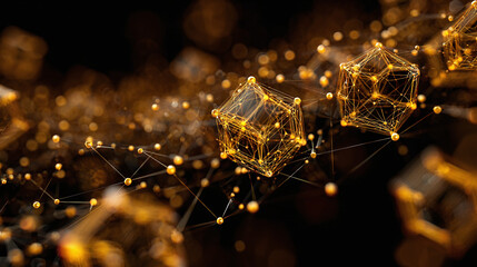 Golden geometric shapes and interconnected nodes create a stunning visual of a complex network. The intricate details evoke a sense of technological advancement