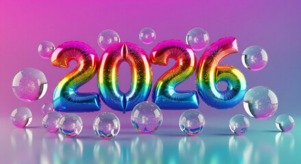 Colorful Balloon 2026 with Bubbles on Gradient Background