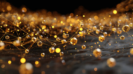 Abstract image of interconnected golden orbs, suggesting a network or data flow, against a dark backdrop. The orbs are connected by lines, forming a complex structure.