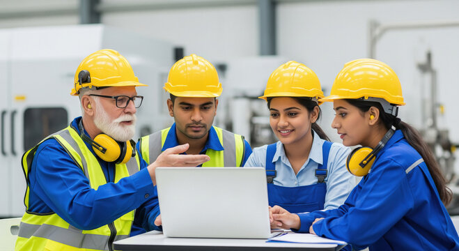 A group of engineers and workers wearing safety helmets and vests discuss work plans around a laptop in a factory setting.