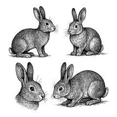 Rabbit sketches in detailed vintage engraving style, Transparent Background
