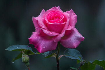 pink rose with dewdrops on dark background, solitary bloom displaying velvety petals and jewel-like droplets,