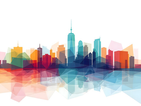 city skyline with rainbow